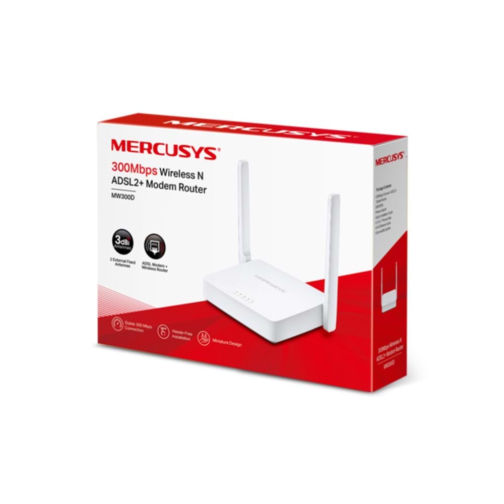 Mercusys MW300D, N300 Mbps Kablosuz ADSL2+ Modem Router