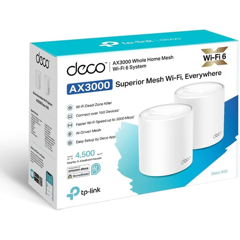 Deco X50 2 Pack AX3000 Mbps Tüm Ev Mesh Wi-Fi 6 Sistemi ( 2’li Paket )