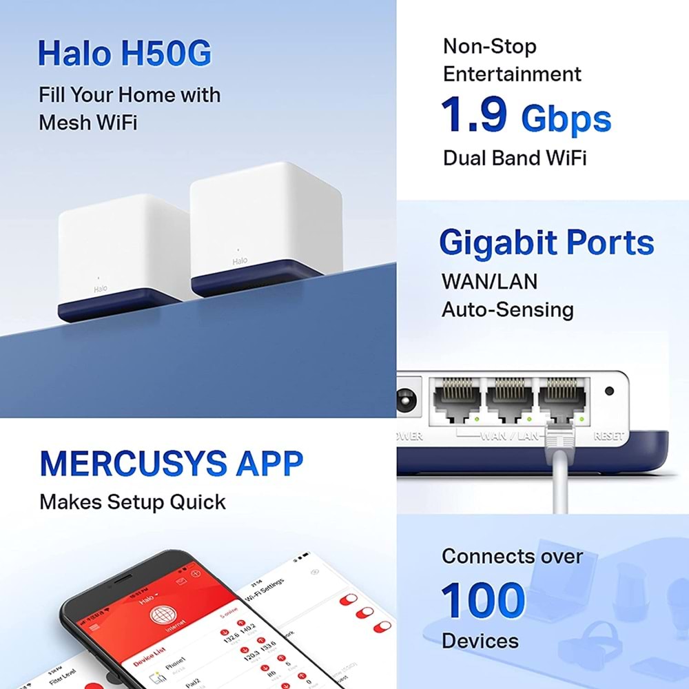 Mercusys Halo H50G (2-pack), AC1900 Tüm Ev Mesh Wi-Fi Sistemi