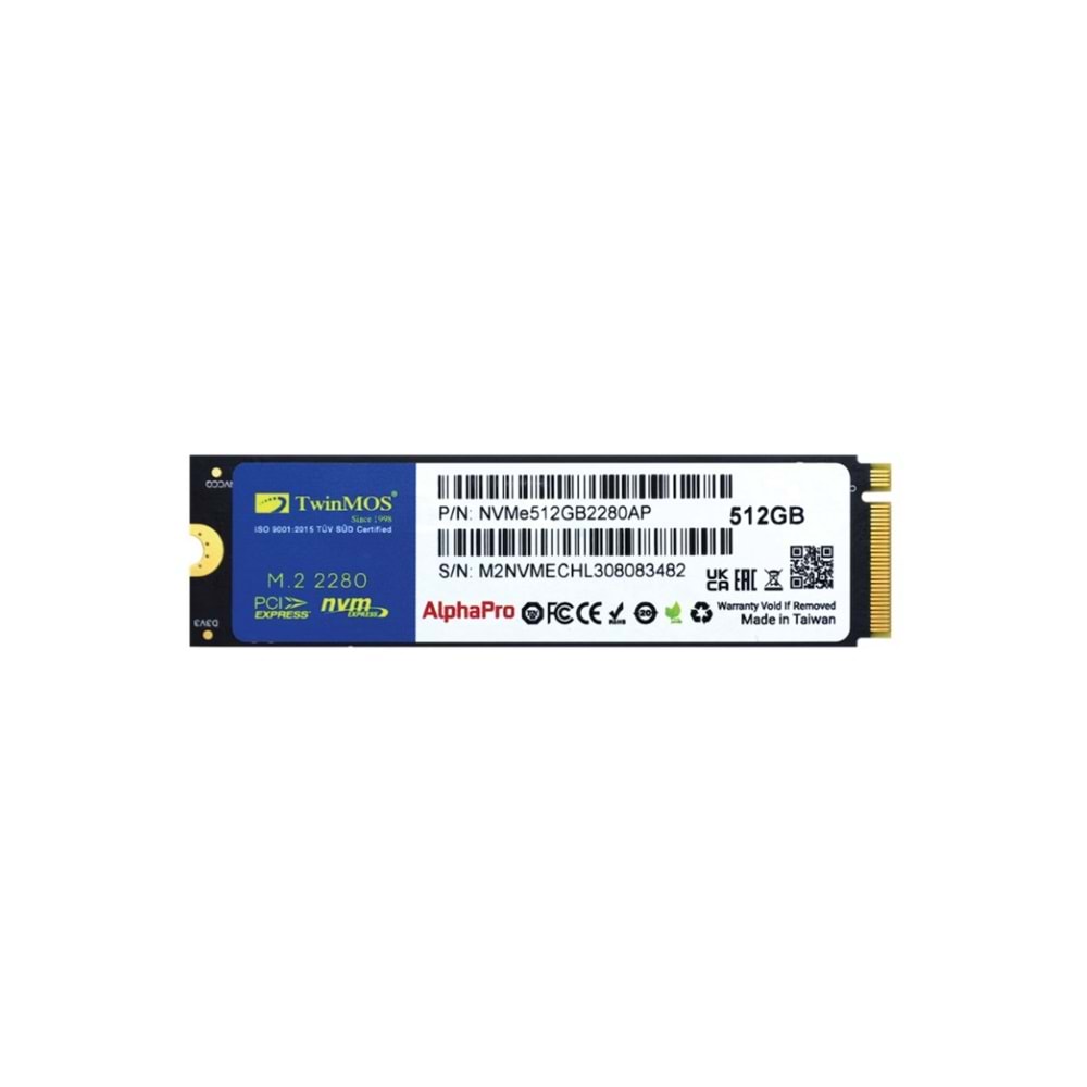 Twinmos 512 GB M.2 PCIE Gen3 NVMe 3600-3250MB/s SSD NVMe512GB2280AP