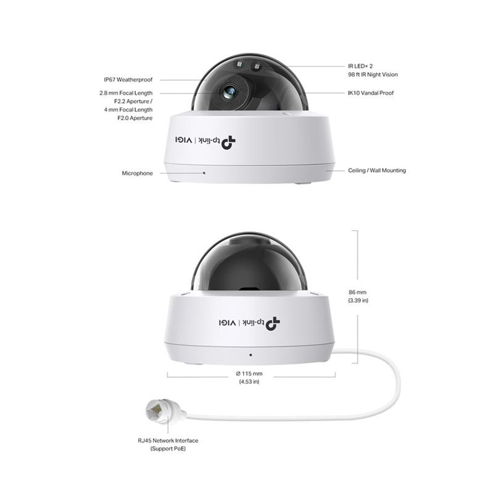 VIGI C220I V1.0 2MP 2.8mm IR Dome IP Güvenlik Kamerası ( IK10, Dahili Mikrofon )