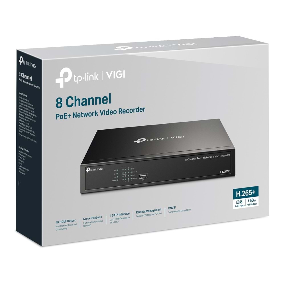 VIGI NVR1008H-8P 8 Kanal NVR Kayıt Cihazı ONVIF H.265+ 4K 4MP PoE 53W