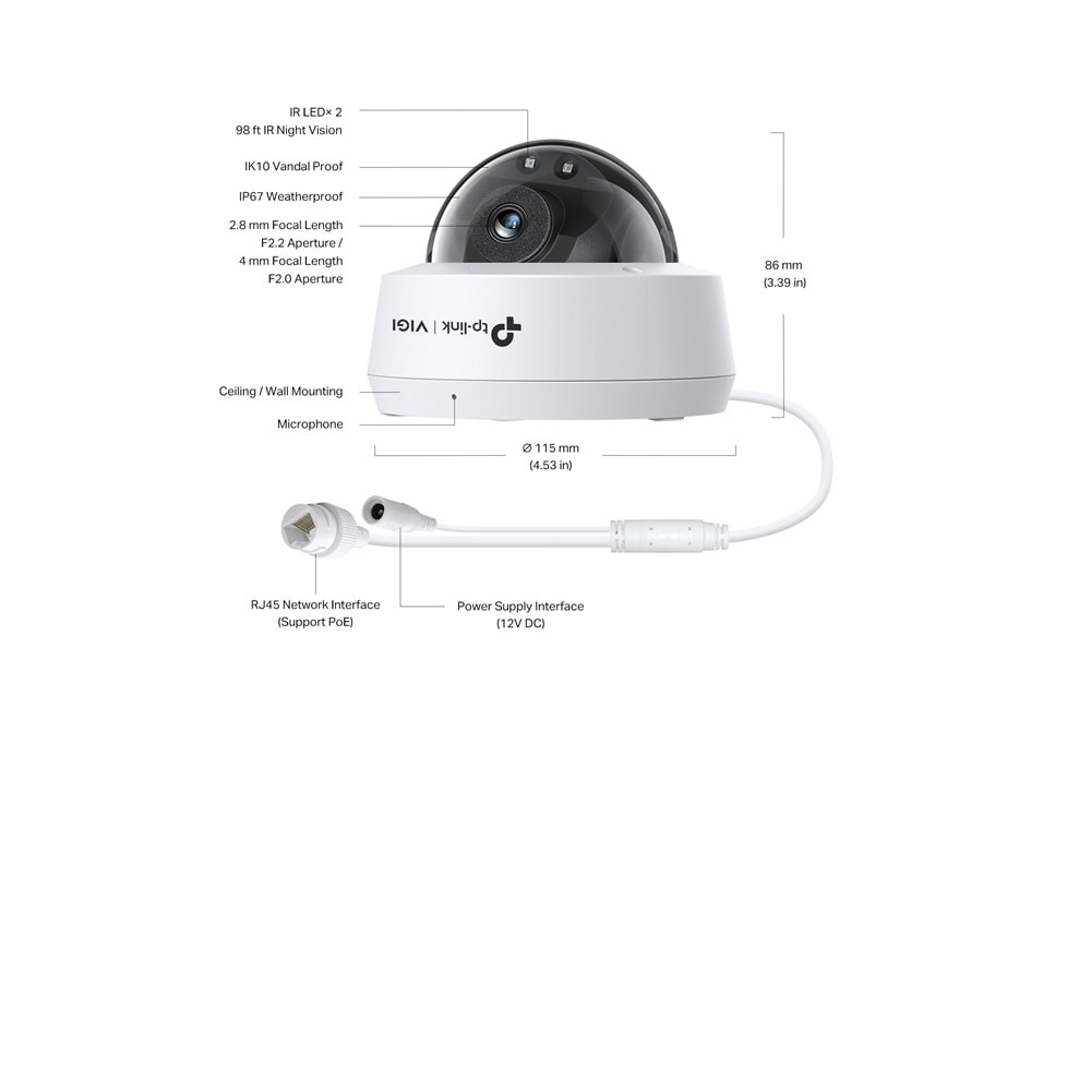 VIGI C240I V1.2 4MP 2.8mm IR LED Dome IP Güvenlik Kamerası ( IK10, Dahili Mikrofon )