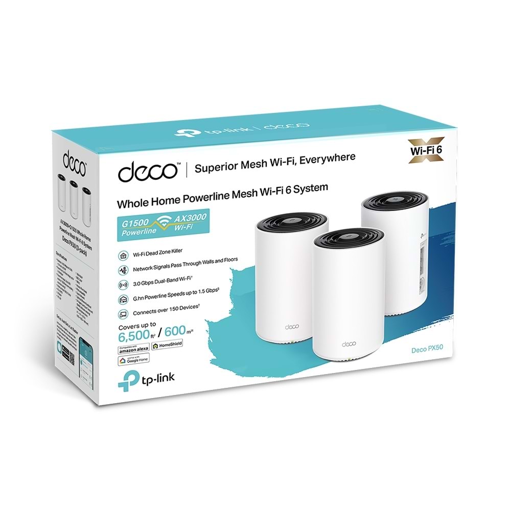 Deco PX50 3 Pack AX3000 + G1500 Tüm Ev Powerline Mesh Wi-Fi Sistemi ( 3’lü Paket )