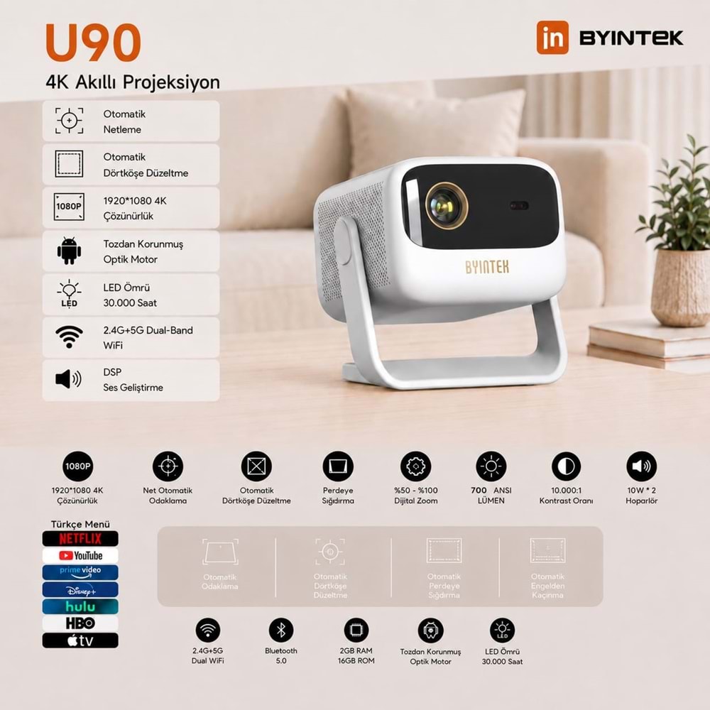 Byintek U90 DLP Full HD 1080P Taşınabilir Projeksiyon Cihazı, 700 ANSI Lümen, TOF Otomatik Odaklama, MEMC, 20800mAh Batarya, 20W Ses, Ev İçin Çift Bantlı Wi-Fi