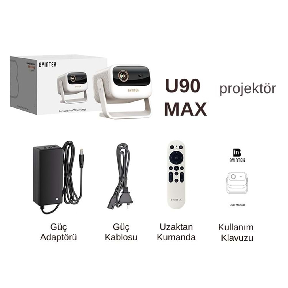 Byintek U90 DLP Full HD 1080P Taşınabilir Projeksiyon Cihazı, 700 ANSI Lümen, TOF Otomatik Odaklama, MEMC, 20800mAh Batarya, 20W Ses, Ev İçin Çift Bantlı Wi-Fi