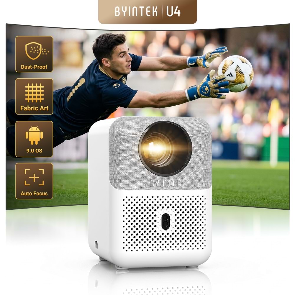 Byintek U4 Projeksiyon Cihazı 1080P LED WiFi 6 BT 5.0, Otomatik Odaklama, 300 ANSI Lümen, Ev Sineması, Dış Mekan, İş, Oyun, Eğitim Amaçlı