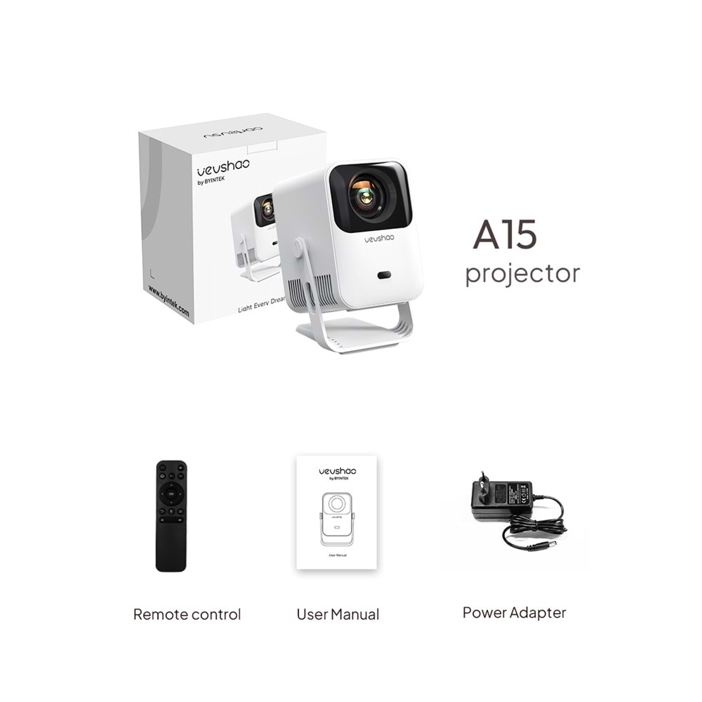 Byintek A15 Mini Taşınabilir Projeksiyon Cihazı, Android 14, Otomatik Odaklama, 100° Döndürülebilir Stand, 5G WiFi 6, Bluetooth 5.4, 300 ANSI Full HD, Ev Sineması