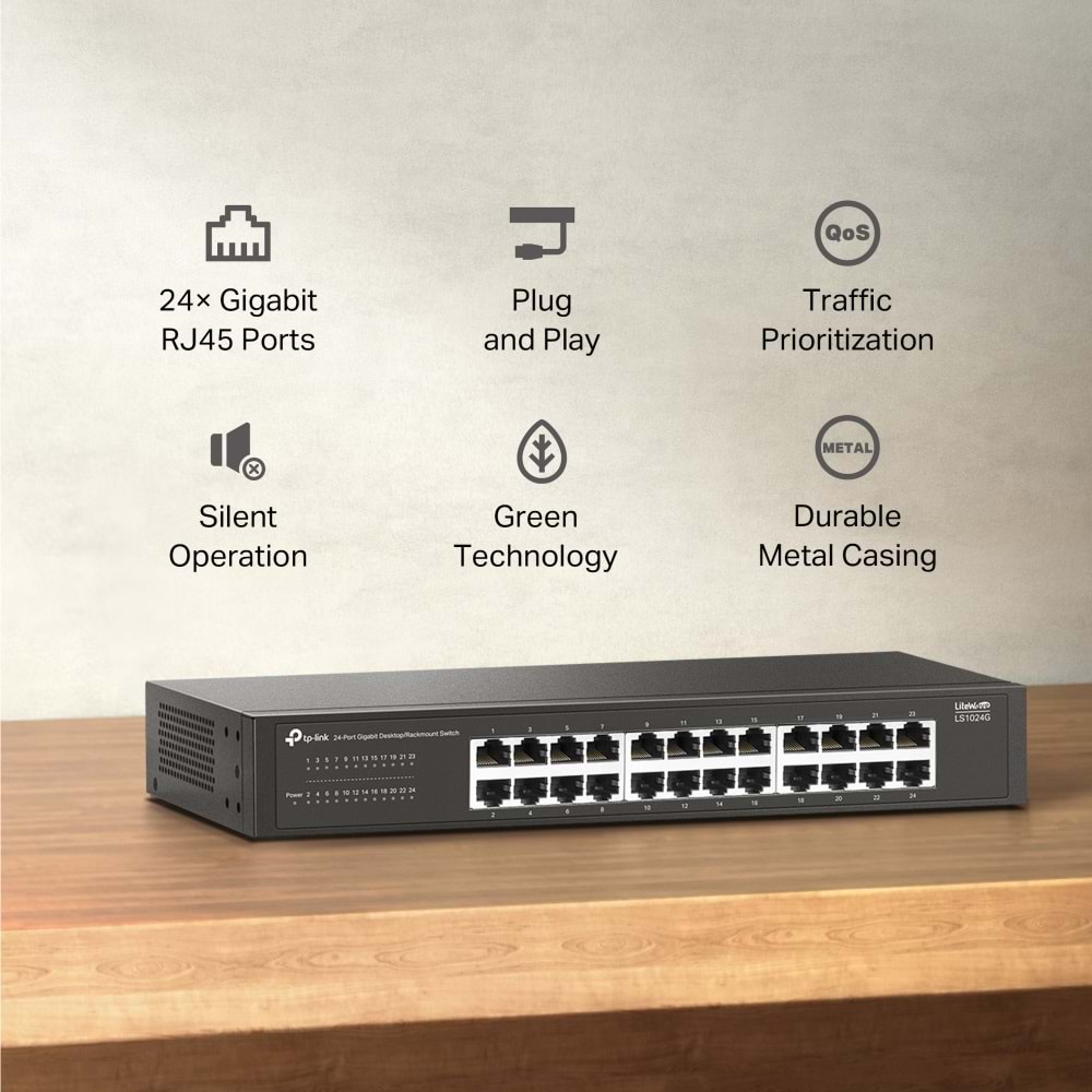TP-Link LS1024G 24 Port Gigabit Desktop/Rackmount Switch (Metal Kasa)