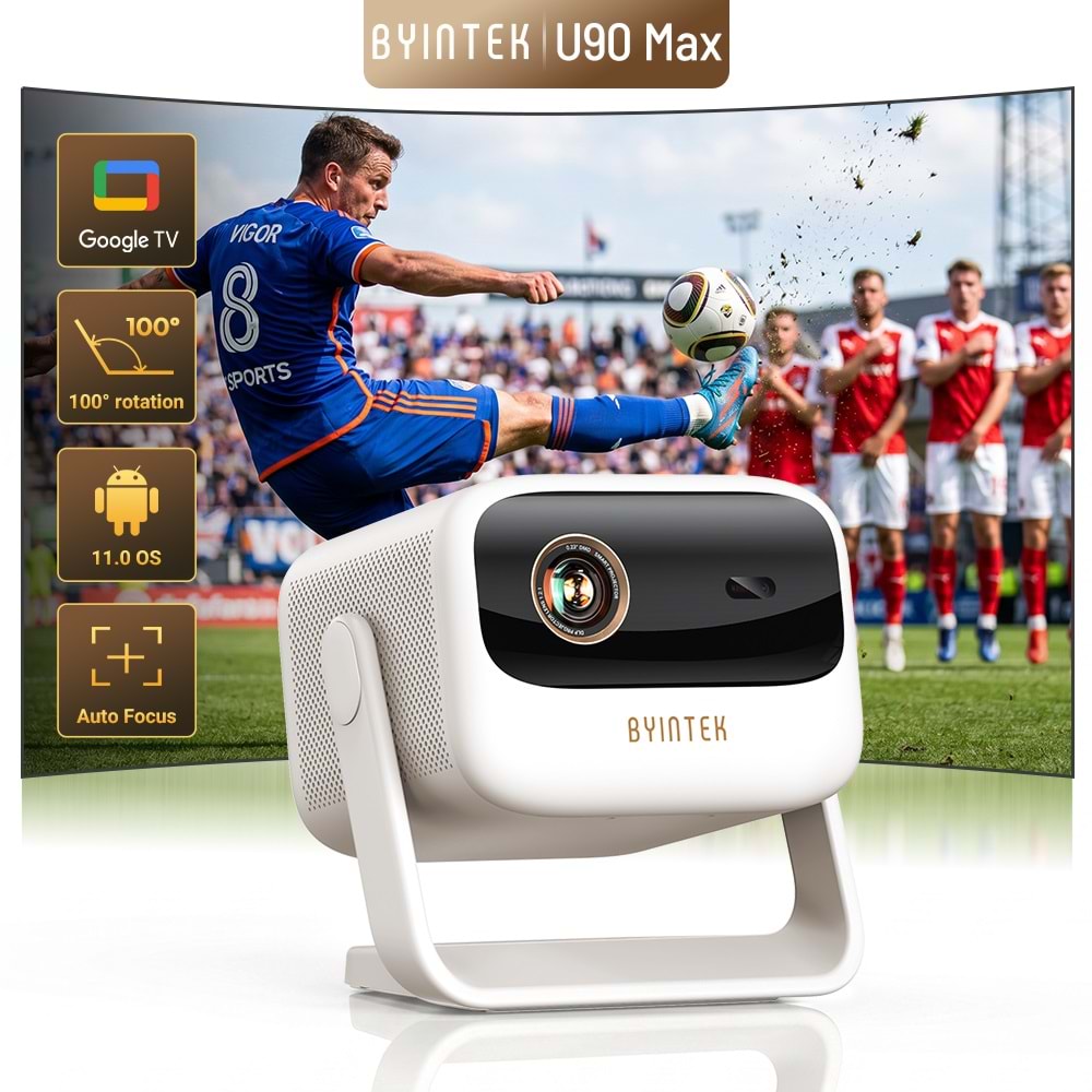 Byintek U90 Max DLP Full HD 1080P Taşınabilir Projeksiyon Cihazı, 700 ANSI Lümen, HDR10, Google TV Lisanslı (Resmi Netflix), TOF Otomatik Odaklama, MEMC, 20800mAh Batarya, 20W Ses, Ev İçin Çift Bantlı Wi-Fi