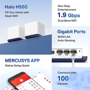 Mercusys Halo H50G (2-pack), AC1900 Tüm Ev Mesh Wi-Fi Sistemi
