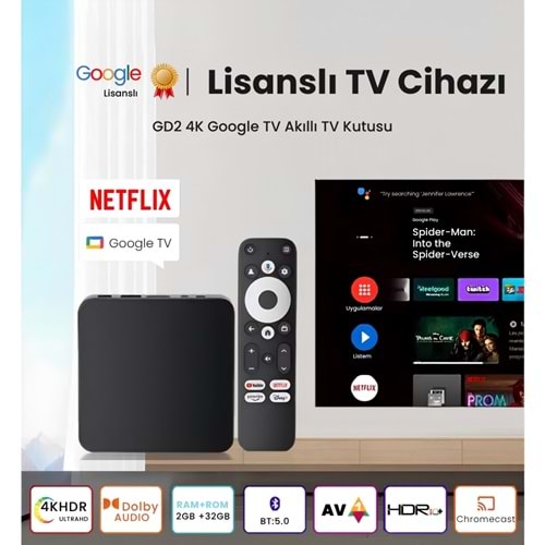 Dcolor GD2 Android 14 Google TV 4K Lisanslı Ultra HD TV Box Netfilix L1 Sertifika HDR10+ 2GB/32GB