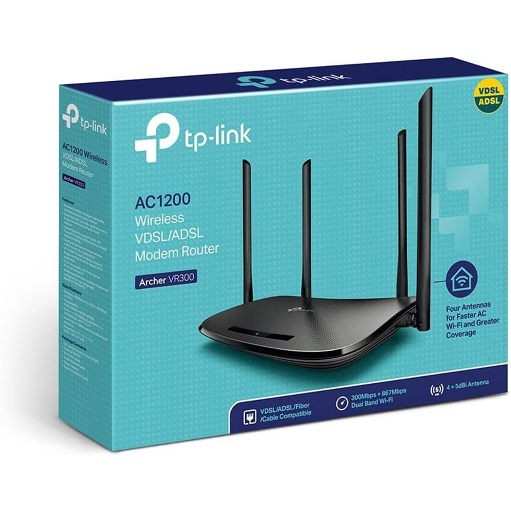 TP-Link Archer VR300, AC1200 Mbps Kablosuz Dual-Band Fiber/VDSL/ADSL Modem Router