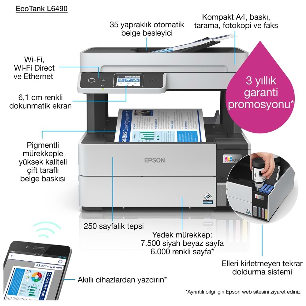 Epson EcoTank L6490 Yazıcı Tarayıcı Fotokopi Faks Wi-F Direct Inkjet Tanklı Yazıcı Beyaz