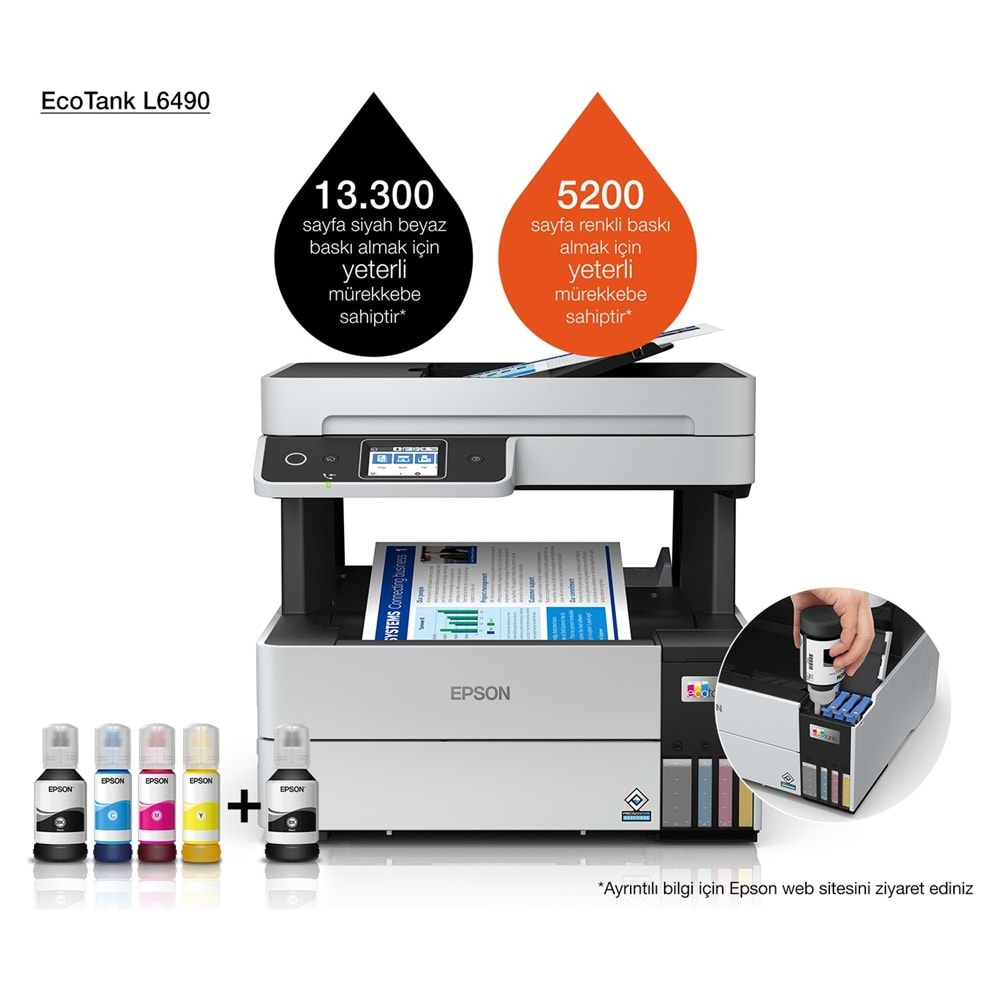 Epson EcoTank L6490 Yazıcı Tarayıcı Fotokopi Faks Wi-F Direct Inkjet Tanklı Yazıcı Beyaz