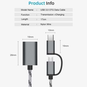 Usb 3.0 Otg To Type C Micro Usb Data Şarj Çevirici Dönüştürücü Adaptör