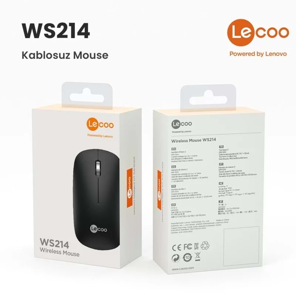 Lenovo Lecoo WS214 Kablosuz 1200DPI 3 Tuşlu Optik Mouse Siyah