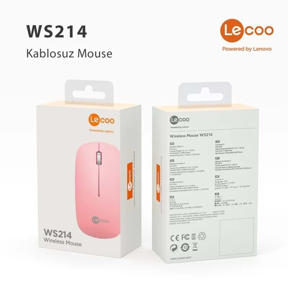 Lenovo Lecoo WS214 Kablosuz 1200 DPI 3 Tuşlu Optik Mouse Pembe