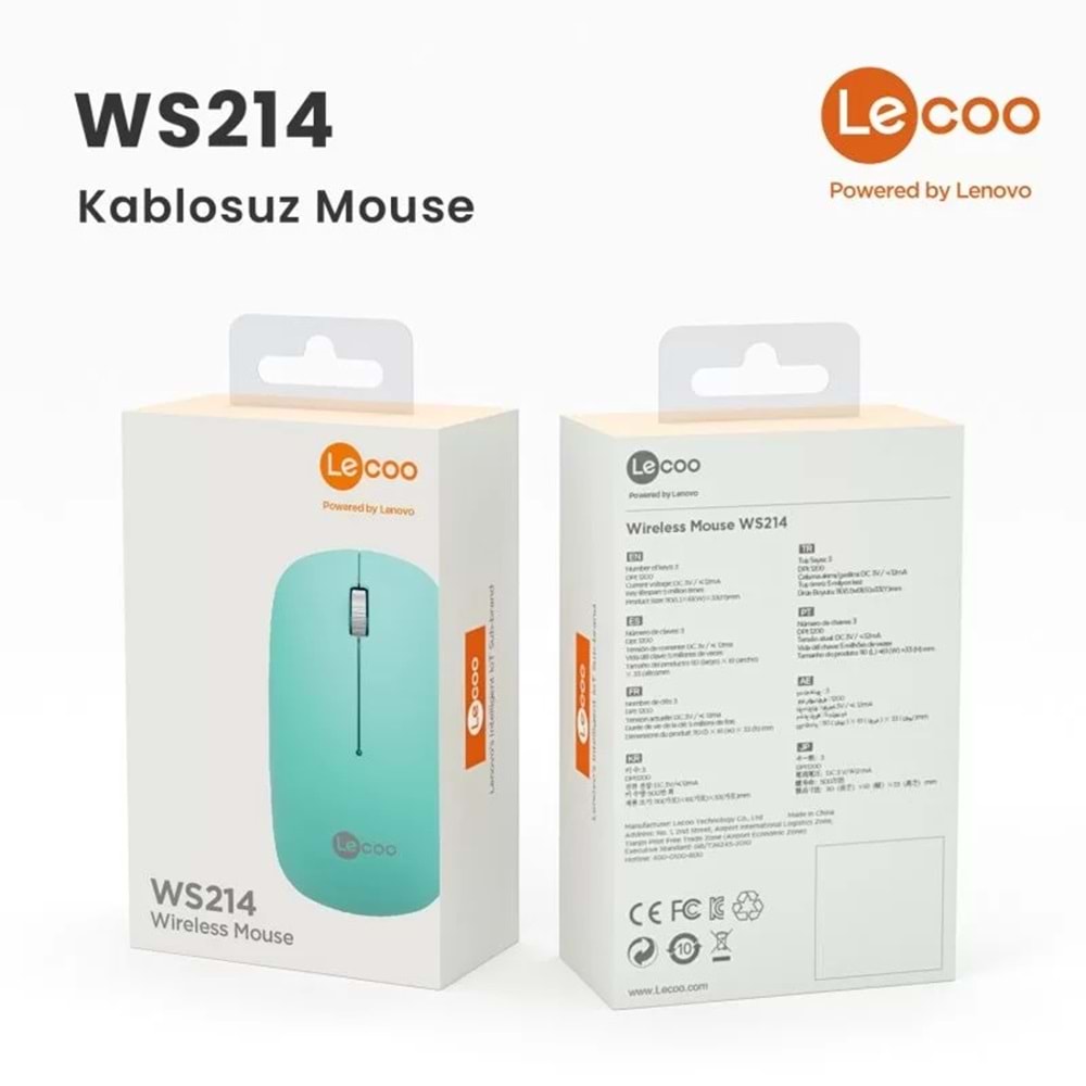 Lenovo Lecoo WS214 Kablosuz 1200 DPI 3 Tuşlu Optik Mouse Turkuaz
