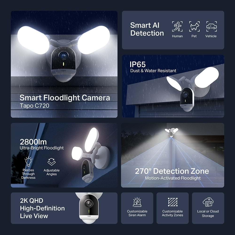 TP-Link Tapo C720 QHD 2K 4MP Projektör Işıklı Yapay Zeka Destekli Dış Mekan Wi-Fi Güvenlik Kamerası