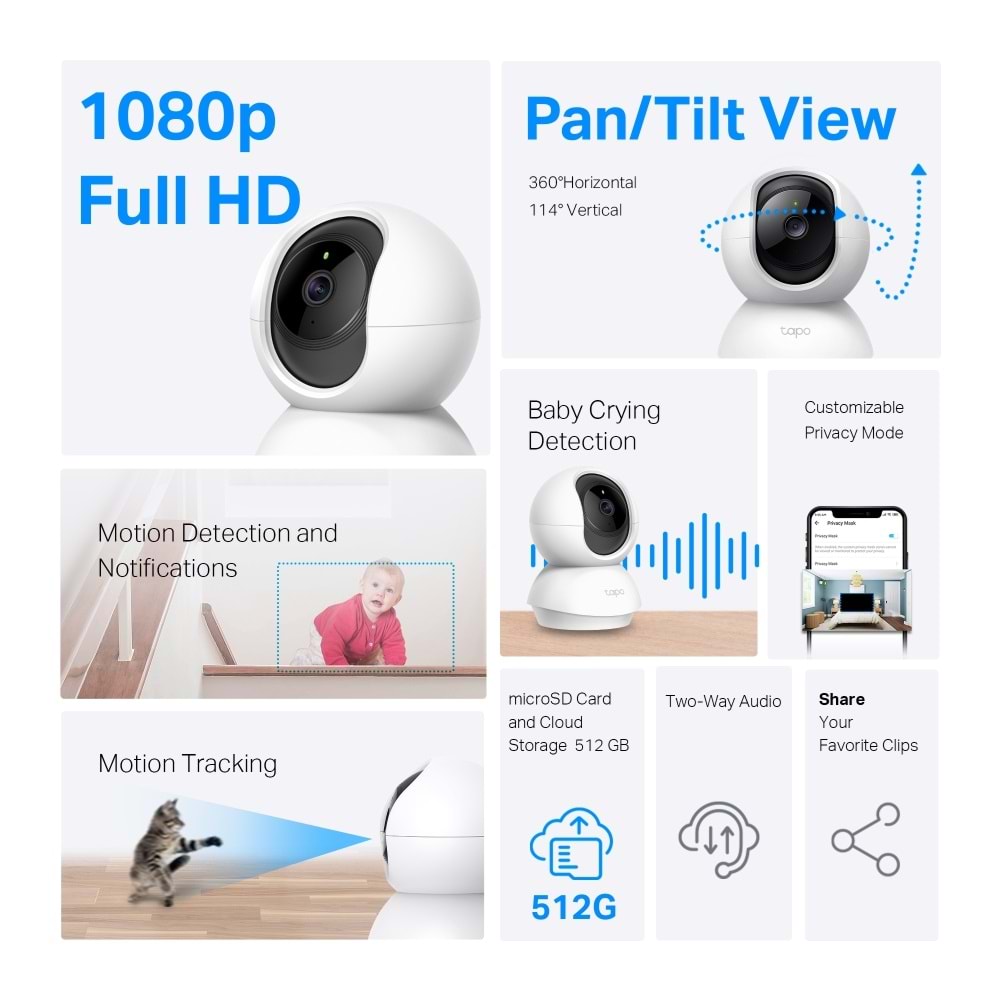 TP-Link Tapo C200C Akıllı Wi-Fi 1080P FHD 360 Derece Hareket Takibi 9M Gece Görüşü Çift Yönlü Ses Güvenlik Kamerası