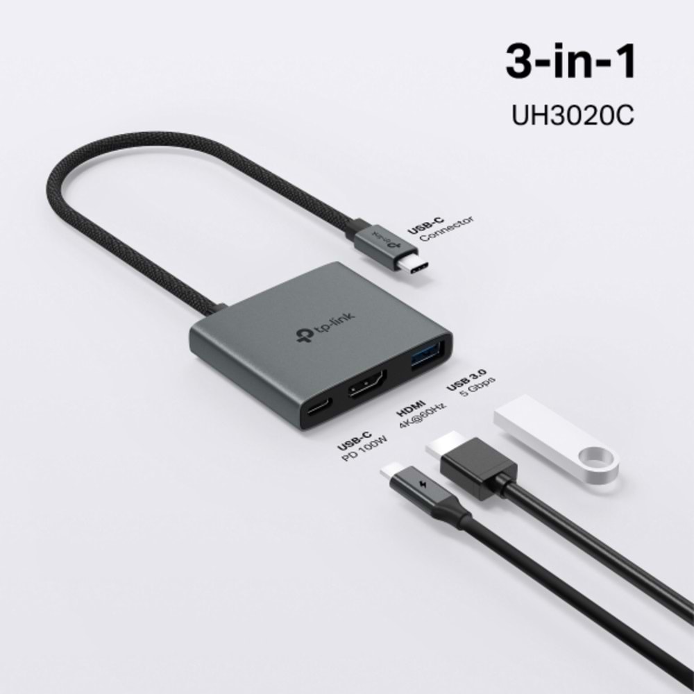 TP-Link UH3020C 4K 60Hz HDMI, 100W Hızlı Şarj, 1x Type-A, 3'ü Bir Arada USB-C Hub