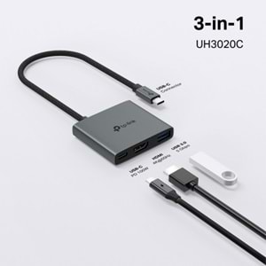 TP-Link UH3020C 4K 60Hz HDMI, 100W Hızlı Şarj, 1x Type-A, 3'ü Bir Arada USB-C Hub