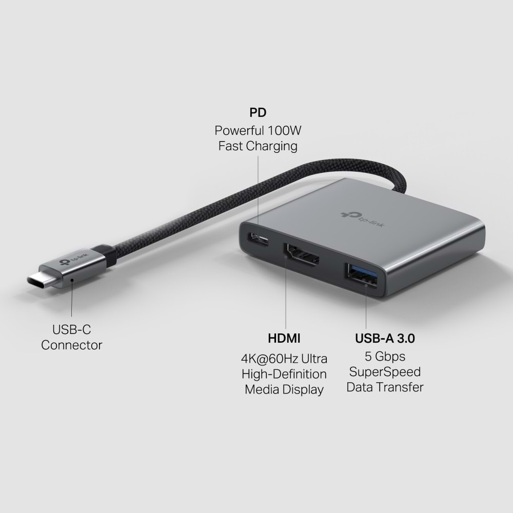 TP-Link UH3020C 4K 60Hz HDMI, 100W Hızlı Şarj, 1x Type-A, 3'ü Bir Arada USB-C Hub