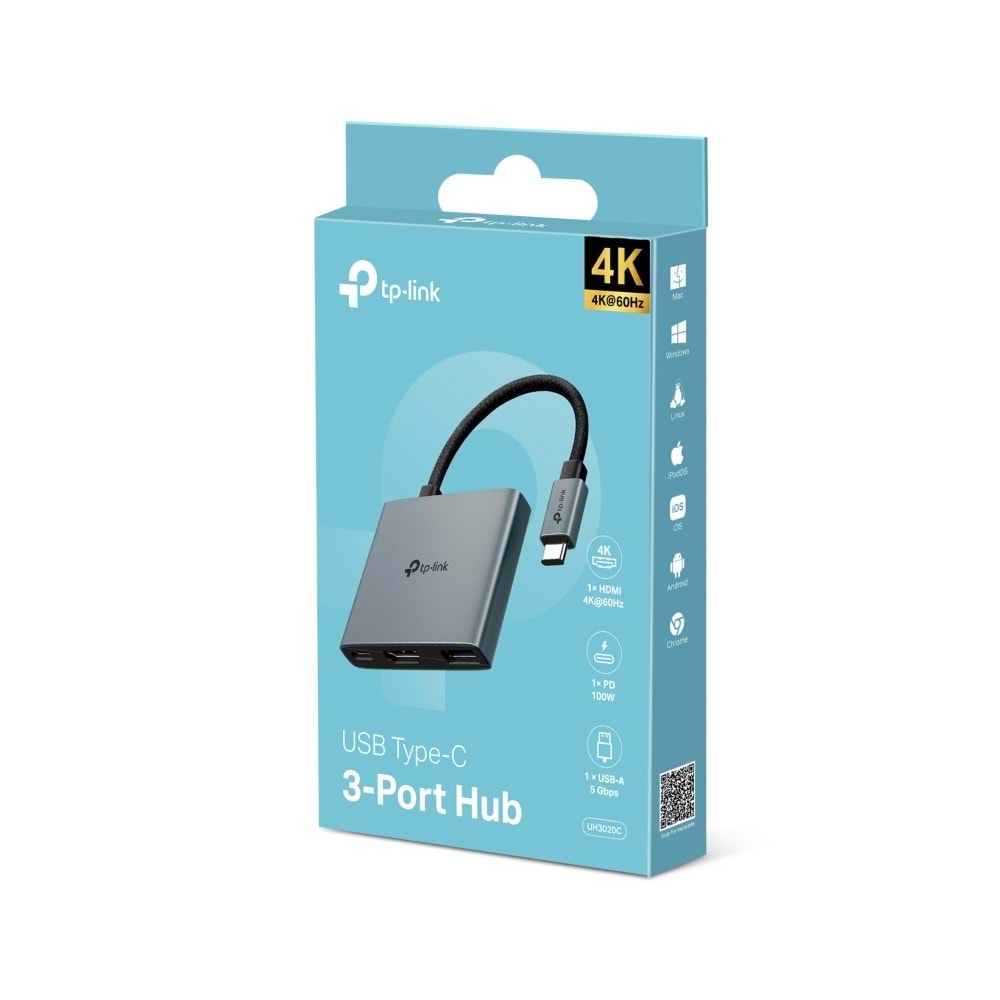 TP-Link UH3020C 4K 60Hz HDMI, 100W Hızlı Şarj, 1x Type-A, 3'ü Bir Arada USB-C Hub