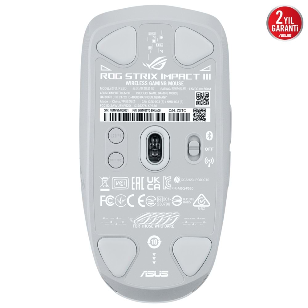 Asus P520 ROG STRIX IMPACT III WL/WHT 2,4 GHz ve Bluetooth Kablosuz Mouse