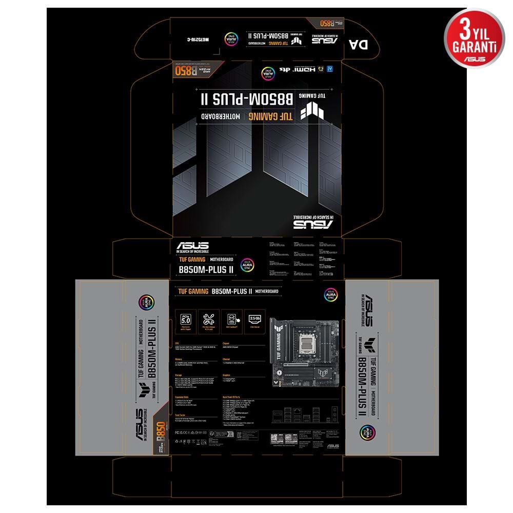 Asus TUF GAMING B850M-Plus II DDR5 8000 MHz OC M.2 HDMI/DP/USB-C PCIe 5.0 AM5 mATX Anakart