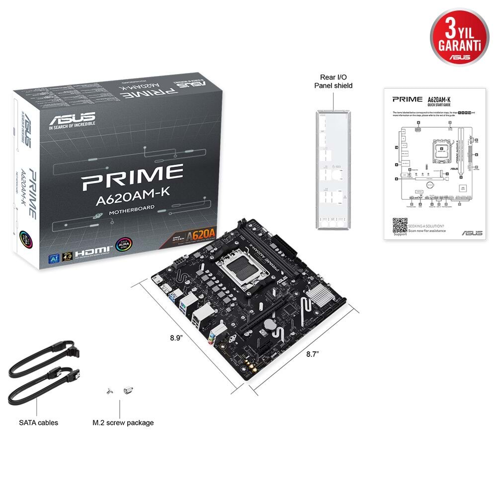 Asus PRIME A620AM-K A620A DDR5 USB3.2 M.2 DP/HDMI PCI 4.0 AM5 Anakart