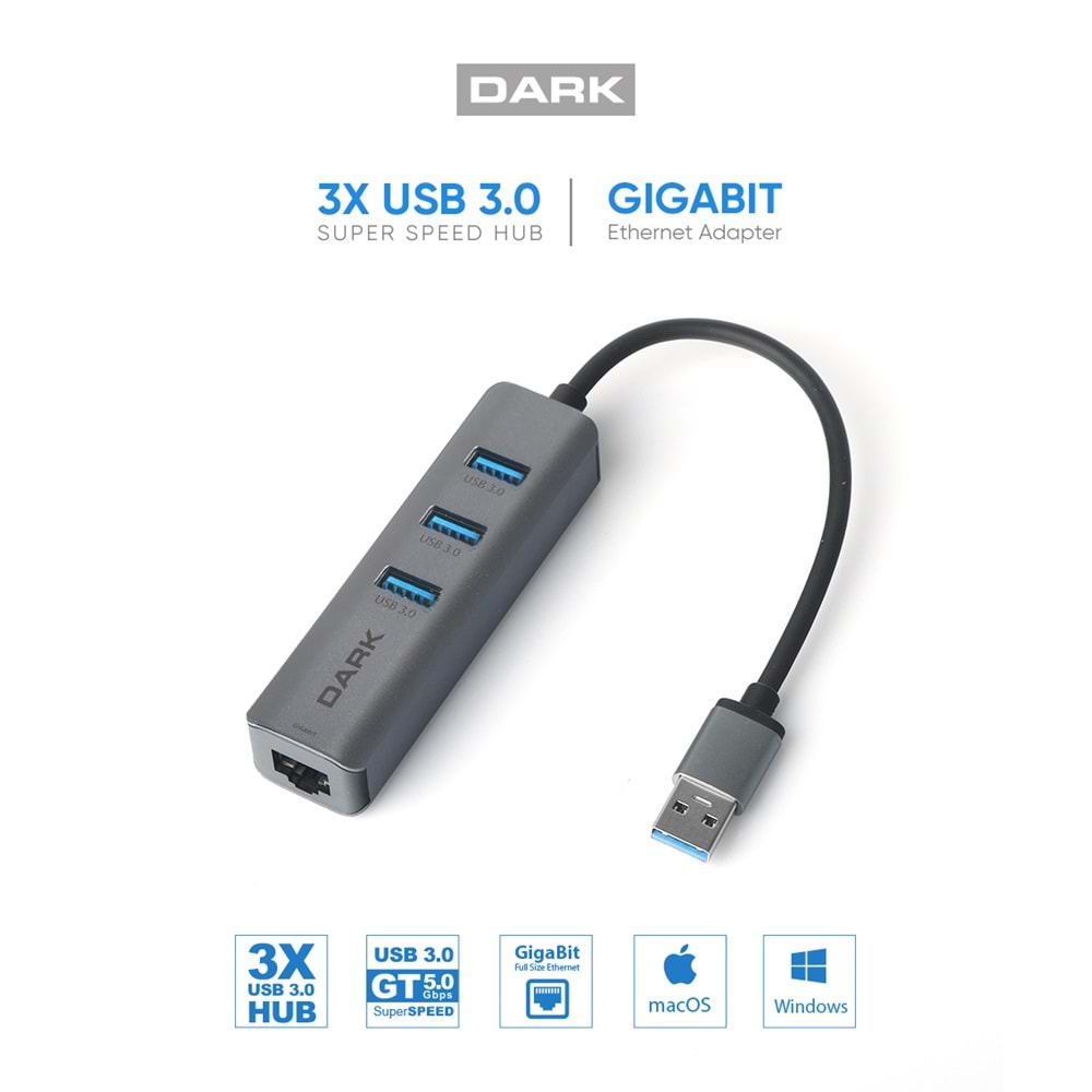 Dark USB Type-A to RJ45 Gigabit Ethernet ve 3xUSB 3.0 Hub Çoklayıcı Adaptör DK-AC-USB332GL