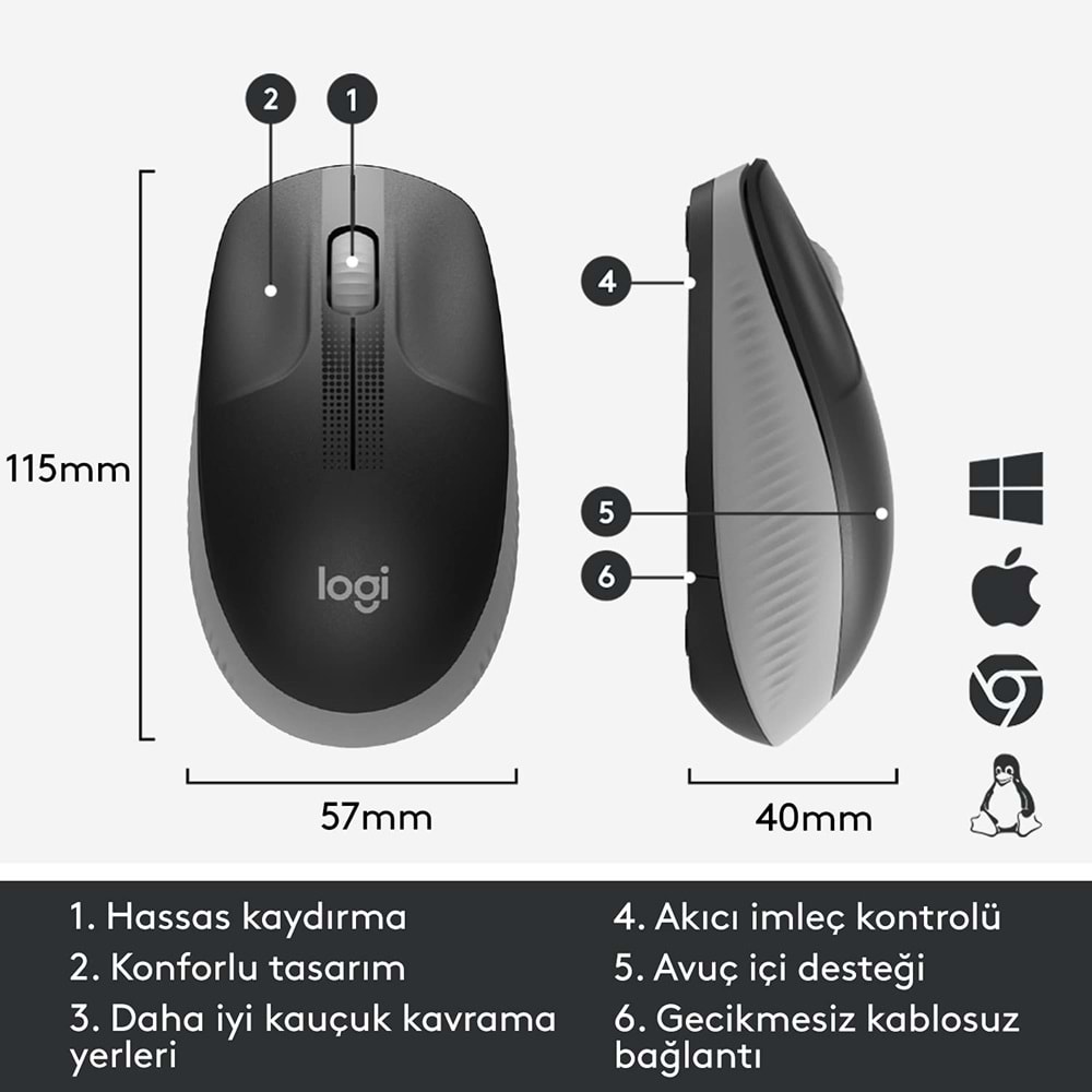 Logitech M191 Büyük Boy Kablosuz Mouse, Sağ ve Sol Elle Kullanıma Uygun, 10 m Kullanım Mesafesi, Gri