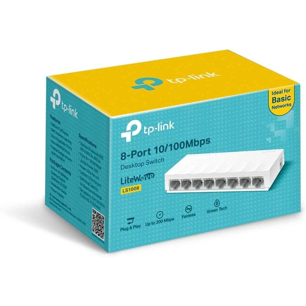 TP-Link LS1008, 8-Port 10/100 Mbps Fast Ethernet Switch, 8 Bağlantılı Ethernet Çevirici, Beyaz