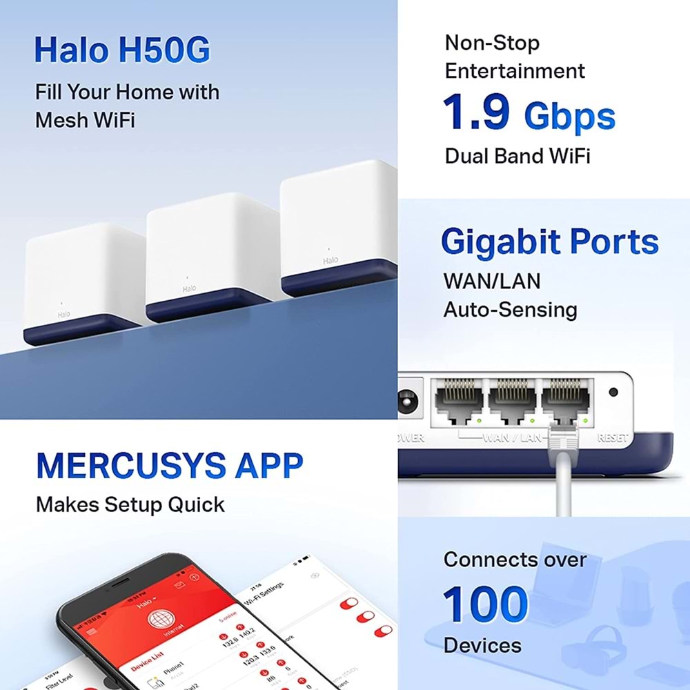 Mercusys Halo H50G(3-Pack), AC1900 Mbps Tüm Ev Mesh Wi-Fi Sistemi