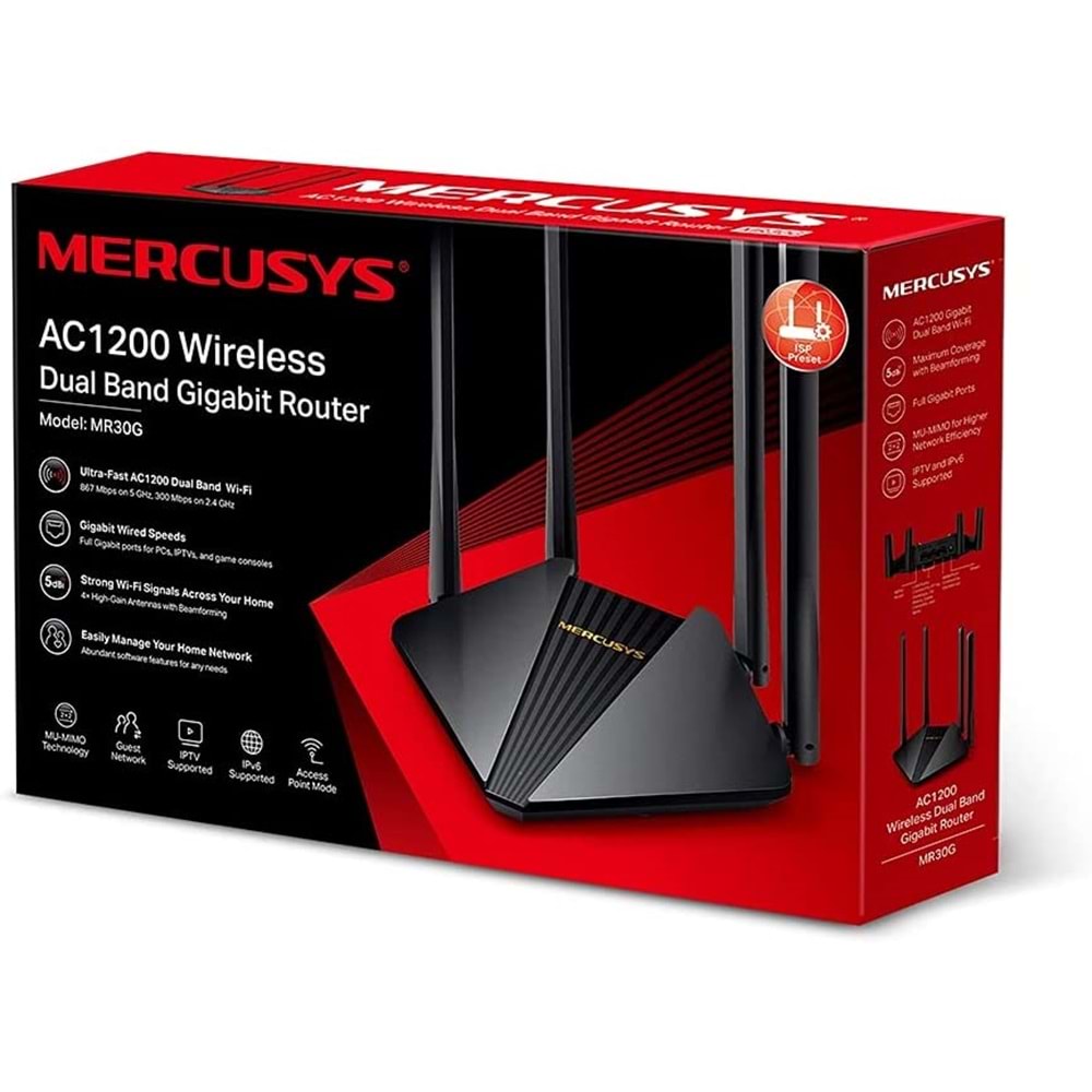 Mercusys MR30G, AC1200 Mbps Gigabit Portlu Kablosuz Dual-Band Router
